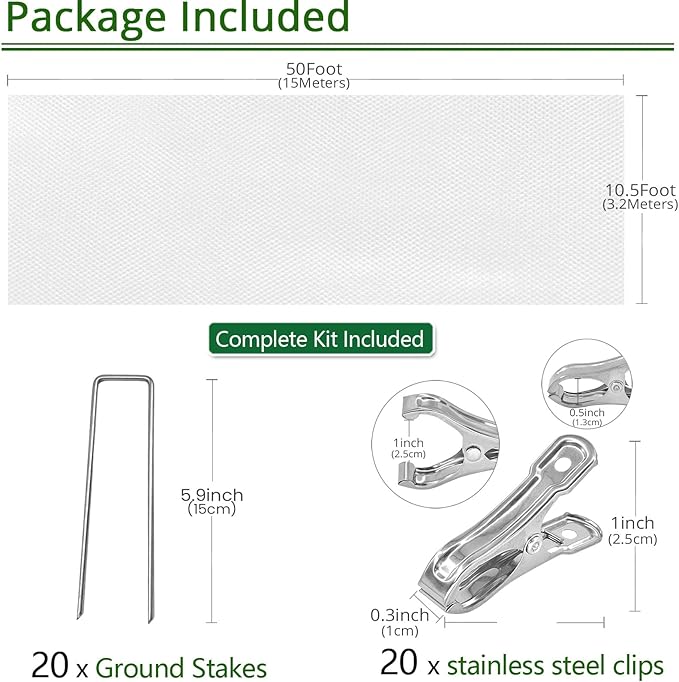 10.5Ft x 50ft Frost Protection Plant Cover – 1.2 oz/yd² Garden Freeze Blanket with Clips & Ground Stakes for Outdoor Winter Plant Protection, Reusable Floating Row Cover for Garden Vegetables