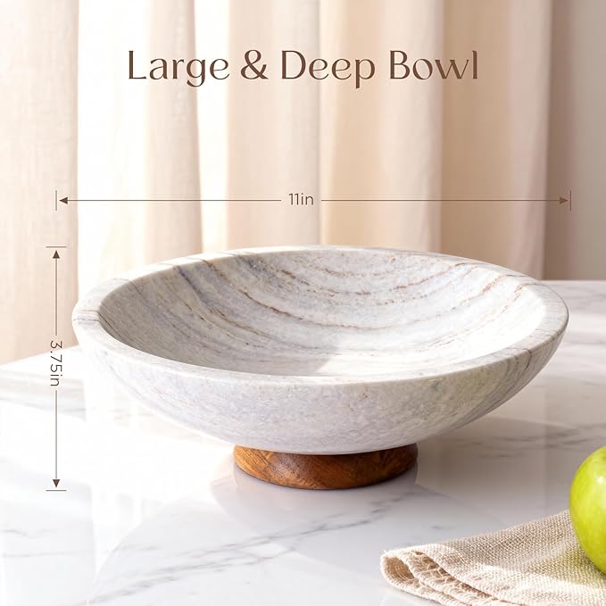 SAMAH Gray Marble Fruit Bowl with Acacia Wood Pedestal, Large Decorative Footed Bowl, Natural Stone Centerpiece for Kitchen Counter, Entryway, Keys, Dining Table, House Warming Gifts New Home(11Inch)