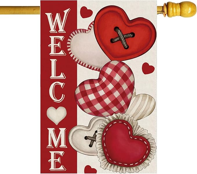 Welcome Valentine’s Day Romantic Love Hearts House Flag Big Large Burlap 28X40 Inch Vertical Double Sided Outside Yard Holiday Outdoor Farmhouse Decoration