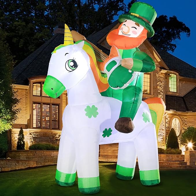 DomKom 5ft St. Patricks Day Inflatables Leprechaun Riding Unicorn Playing Guitar Blow Up LED Lighted Decor for Indoor Outdoor Lawn Yard Garden Patio Holiday Art Decor