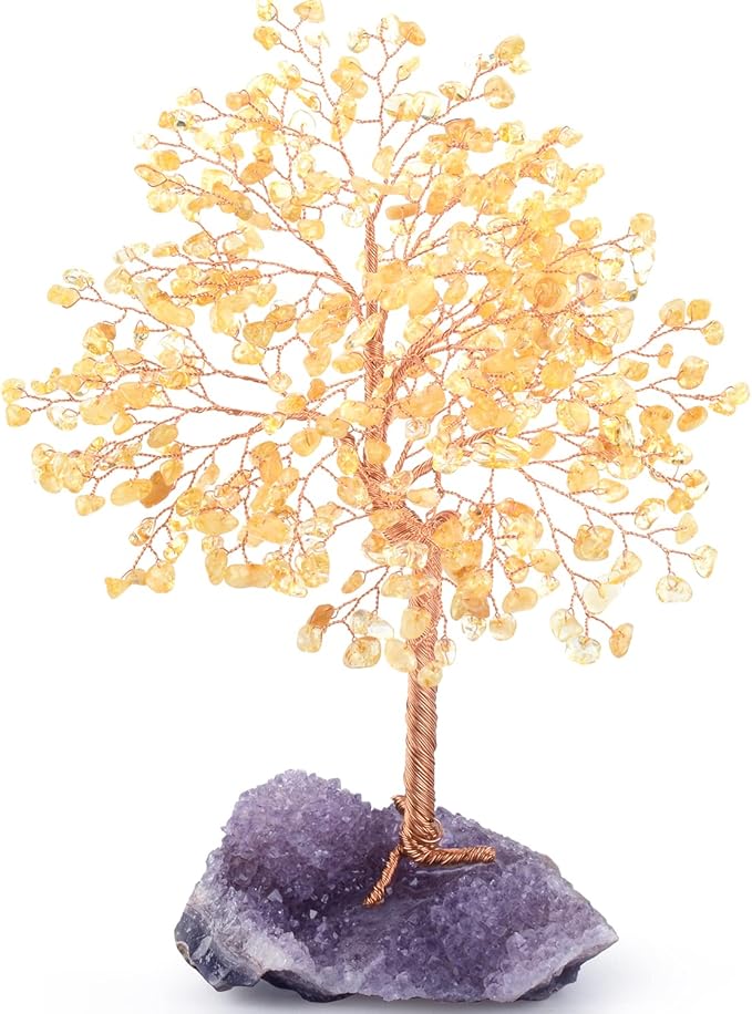 MASGEMES Gemstone Crystal Tree of Life,Natural Citrine(406 Stones Count) with Amethyst Cluster Base,Chakra Healing Crystals Positive Energy Fengshui Bonsai Money Tree Gift 8.5"-9"