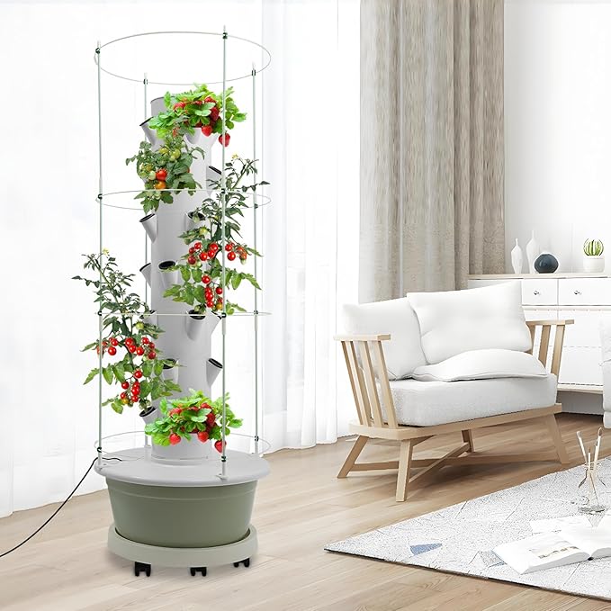 Hydroponic Growing System, 28-Plant Vegetable Planter Tower Climbing Trellis, Outdoor Indoor Garden Vertical Planter Germination Kit with Water Pump, Intelligent Water Circulation & Timer Function