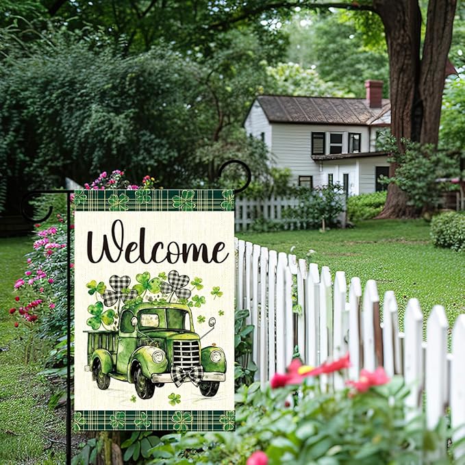 St Patricks Day Welcome Garden Flag 12x18 Inch Double Sided,Shamrocks Truck Buffalo Plaid Outdoor Irish Decor House Porch Flag for St Patrick's Day Party and Yard Decorations