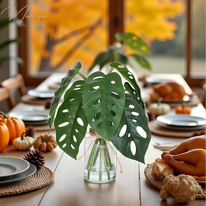 Muhanjia Artificial Flowers Turtle-Back, Alocasia Leaf, in Glass Vase with Faux Water,7Pcs Artificial Leaves Real Touch Latex Leaves for Centerpiece (2, Turtle-Back Leaf)