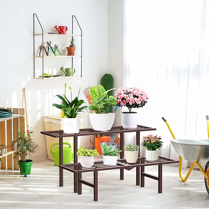 jsyonii 2 Tier Plant Stand Indoor Outdoor, Foldable Metal Ladder Plant Stands,Heavy Duty Tall Plant Shelf Flower Pot Holder Display Shelving for Garden Living Room Patio,Brown