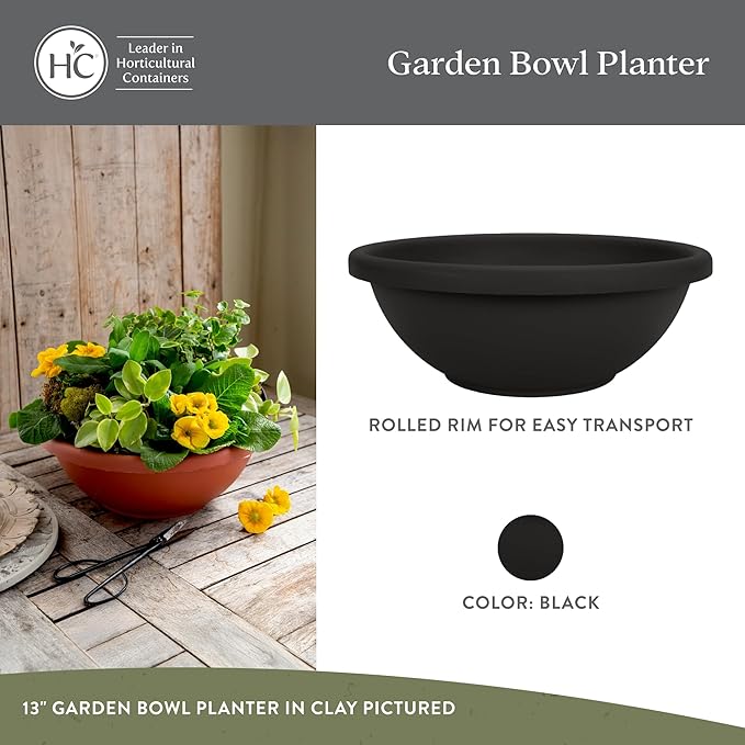 The HC Companies Shallow Planter with Drainage - Contemporary Garden Bowl Planter for Flowers, Herbs & More - Round Succulent Planter Pot for Indoors and Outdoors (13" Black, Pack of 1)