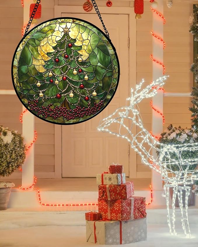 Stained Glass Window Hanging - Retro Green Christmas Tree Suncatcher for Doors Home Christmas Decoration Sun Catcher Thanksgiving New Year Birthday Gifts for Women Men Mom Nana 9.8 in