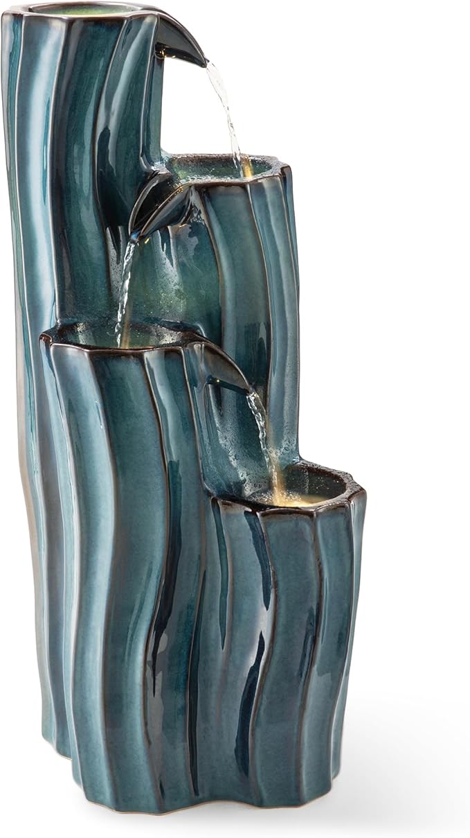 Glitzhome 30" Tall Outdoor Water Fountain with LED Light, Pump & Adapter, 4-Tier Turquoise Wavy Texture Ceramic Cascading Garden Fountains Waterfalls for Porch Deck Patio Backyard