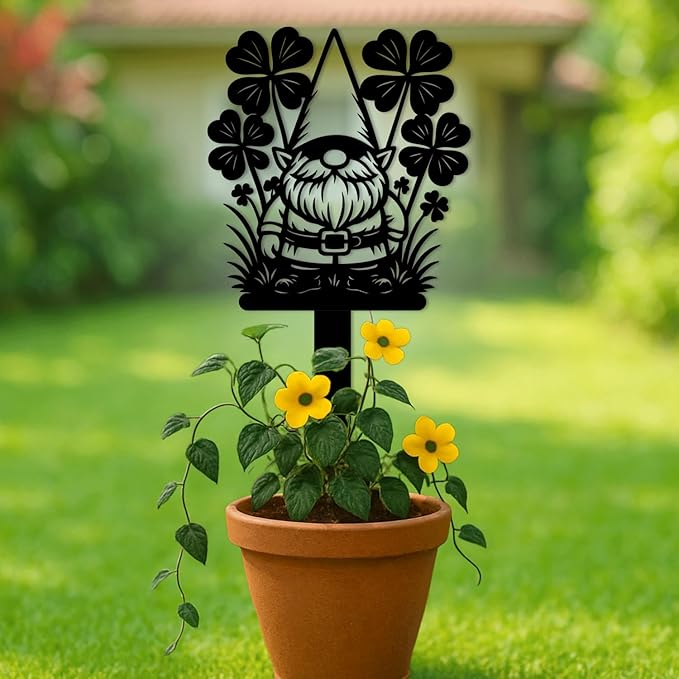 Magilab Personalized Iron Yard Stake - Christmas Cute Gnome Dwarves Decor, 8-Inch Black Metal Garden Sign for Outdoor (Style J)