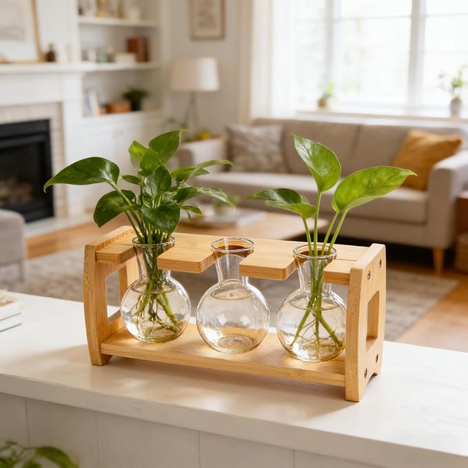 Pumtus 2 Pack Plant Propagation Stations, Desktop Plants Terrarium with Wooden Stand, Water Propagation Station, Hydroponic Plant Vase with 8 Glass Bulbs, Small Propagated Plants Jar for Home Office