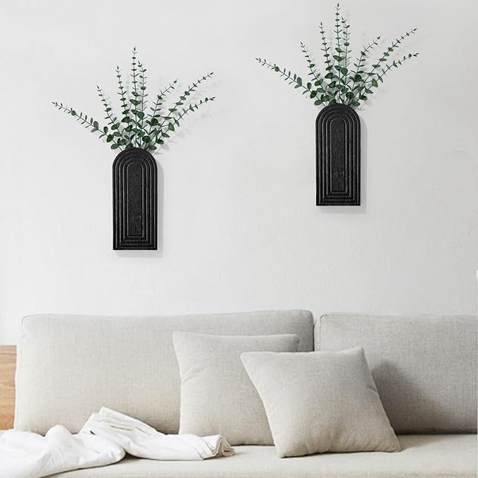 Wooden Wall Planter Vase Set of 2, Boho Hanging Planter for Indoor Plants & Flowers, Natural Wood Wall-Mounted Planters for Art Home Decor - Living Room, Bedroom, Bathroom, Patio (Black)