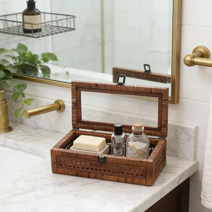 Rattan and Cane Stacking Boxes with Glass Top Lid - Set of 2 11.8" and 14.1", for Boho and Rustic Farmhouse Decor, Brown