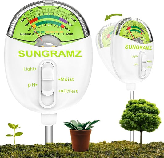 Sungramz Soil Moisture Meter for Plants, 4-in-1 Moisture/pH/Fertility/Sunlight Dial Display, pH Soil Tester for Garden, Lawn, Farm, Indoor & Outdoor Use, No Battery Required, White
