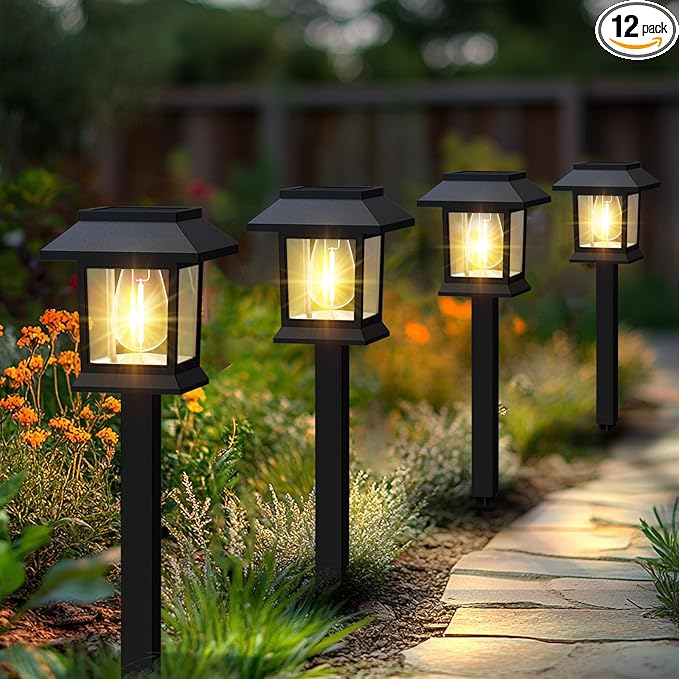 Benany Solar Outdoor Lights, 12 Pack Solar Pathway Lights Waterproof, Landscape Lighting for Path Walkway Lawn Garden Yard Outside Décor, Black
