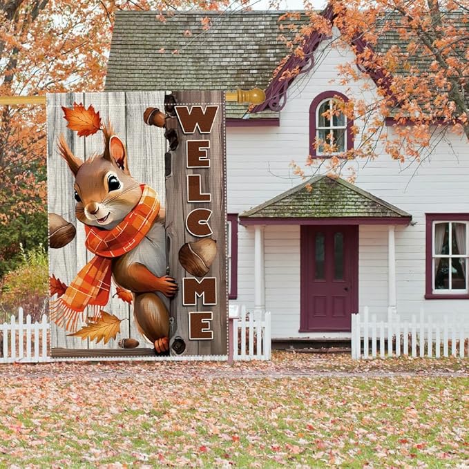 Welcome Fall Garden Flag 28x40inch The Nut Squirrel Fall Autumn Thanksgiving Garden Flags Yard Porch House Flag Double-Side For Home Outdoor Yard Patio Lawn Decor, Garden Decorations (RMQ-718D, 28"X40")