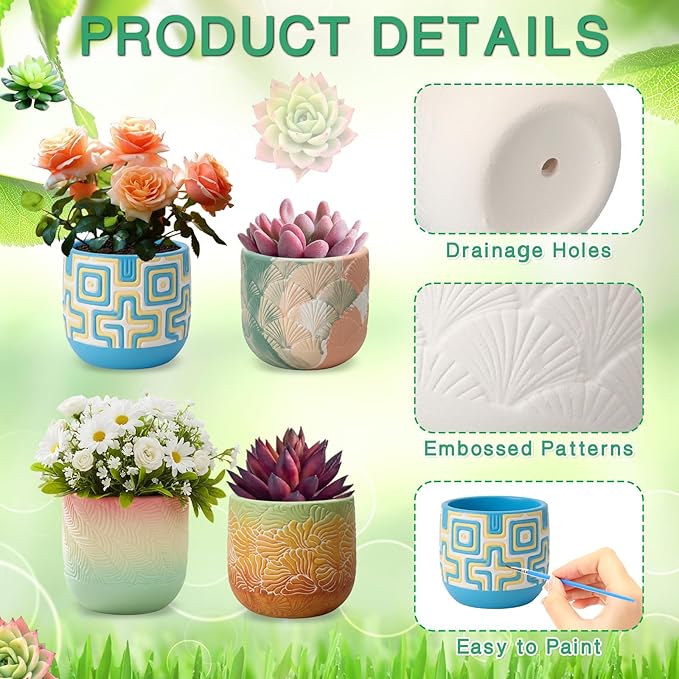 Zubebe 12 Pcs Paint Your Own Ceramic Pots Bulk Unfinished Embossed Succulent Pots Craft Kit with Drainage Hole Mini Paintable Plant Vase Ready to Paint Planter for Cactus DIY Craft