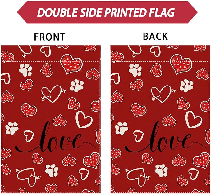 Red Love Heart Dog Paw Print Valentine’s Day House Flag large 28X40 Inch Big Vertical Double Sided Yard Outdoor Outside Holiday Decoration