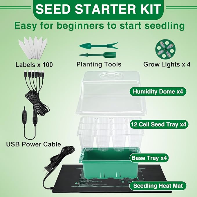 Seed Starter Tray with Grow Light & Heat Mat - 48 Cell Durable Easy Use Seed Starter Kit for Beginners, Thriving Seedling Germination Kit with Humidity Domes for Indoor Plant Growing Propagation