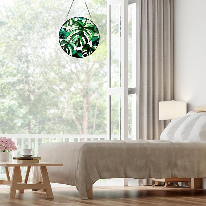 7.8'' Monstera Plant Stained Glass Suncatcher,Stained Glass Window Hanging, Plant Suncatcher, Plant Lover Gifts, Mother's Day, Birthday, Housewarming, Christmas, Festival Gifts