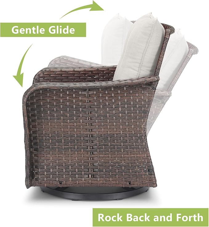Rilyson Outdoor Patio Swivel Rocker Chairs - 3 PC Wicker Patio Bistro Sets with High Back,Comfy Cushions, Deep Seating and Side Table for Porch Deck Backyard Garden(Brown/Beige)