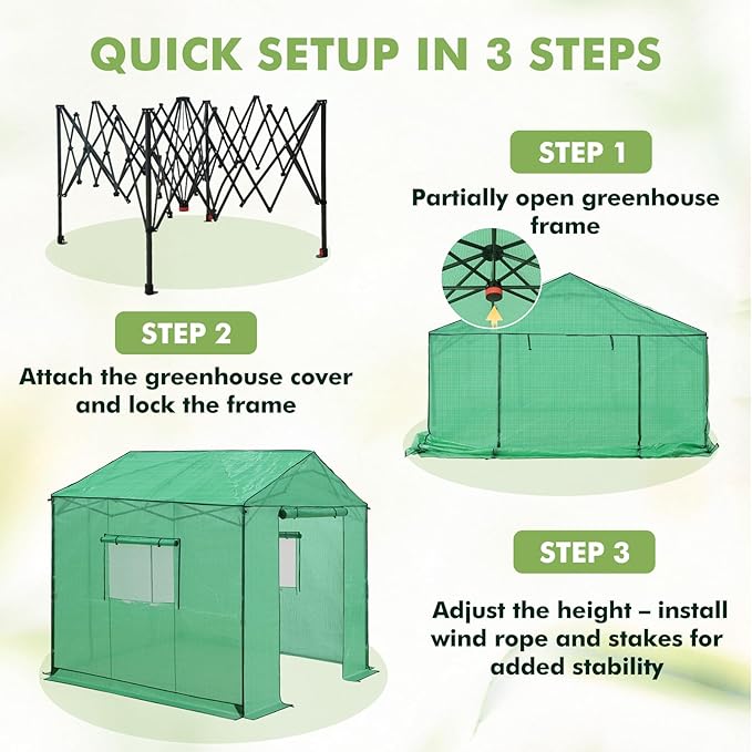 EAGLE PEAK 8x8 Portable Pop Up Greenhouse, Patented Center Lock Easy One Person Setup, Walk-in Outdoor Greenhouse with Gable Roof, Weight Bags, Zippered Doors & Windows, Green