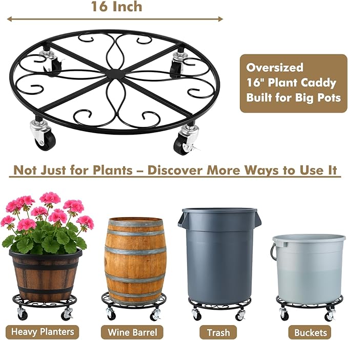4 Pack Plant Caddy with Wheels 16 Inch Rolling Plant Stand for Large Plants Heavy Duty Plant Rollers Metal Plant Dolly Rustproof Planter Stand Wrought Iron Plant Stands Flower Cart Indoor Outdoor