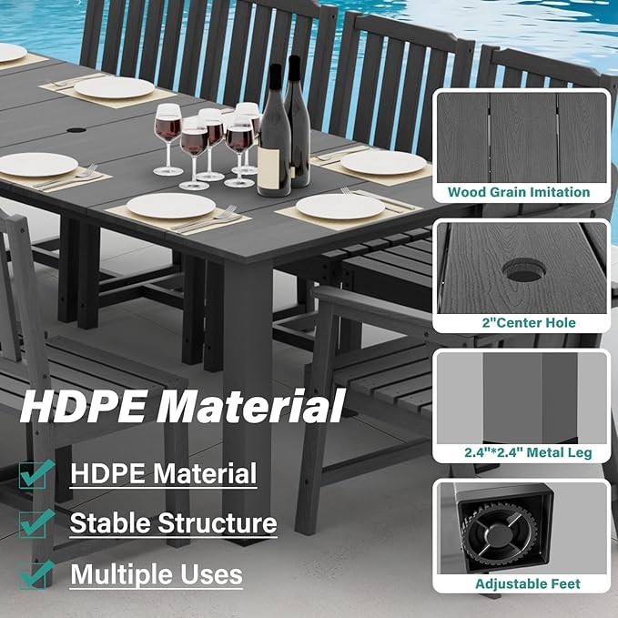 11-Piece Patio Dining Set, Outdoor Dining Set for 10, HDPE All-Weather Outdoor Furniture with 89.57” Umbrella Hole Table, 2 Armchairs & 8 Armless Chairs, Gray