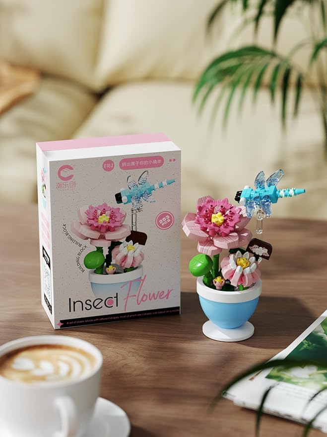 Sacblirr Mini Flower Bonsai with Cute Insects Lotus Dragonfly - DIY Potted Plant Building Blocks for Kids and Adults, Botanical Collection Decor Toy