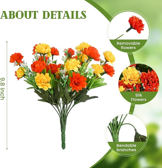 Ammyoo Artificial Flowers for Outdoors Decoration, 6 Bundles Silk Marigold Flower UV Resistant Look Real Faux Plants for Garden Porch Planter Patio Balcony Yard Home Decor (Yellow Orange)