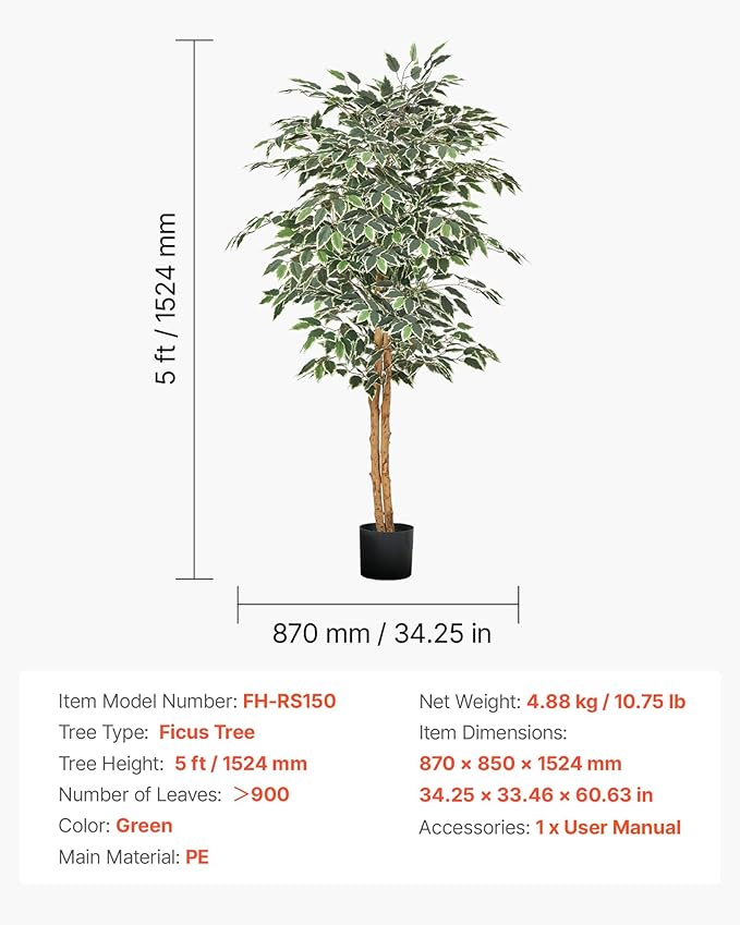 VEVOR 5FT Artificial Ficus Tree with Black Pot, Tall Faux Ficus Plant with Natural Wood Trunk and Realistic Green Leaves, Indoor Fake Silk Tree for Home, Office, Living Room, or Corner Décor