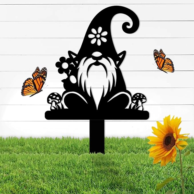 Magilab Personalized Iron Yard Stake - Christmas Cute Gnome Dwarves Decor, 8-Inch Black Metal Garden Sign for Outdoor (Style L)
