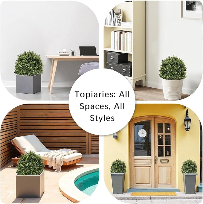 Azoco 27“ Realistic Artificial Boxwood Topiary Trees Set of 2, Faux Plants Outdoor UV-Resistant, Fake Evergreen Bushes & Shrubs for Front Porch Outside Planter Decor