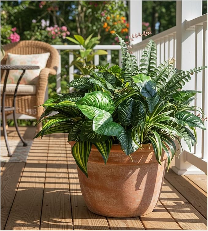 Large Realistic Faux Outdoor Plants, Artificial Greenery Set with Silk Leaves for Patio, Porch, Garden Decor, UV Resistant Plastic Stems, Lifelike Shrubs for planters and Front Door Decorations