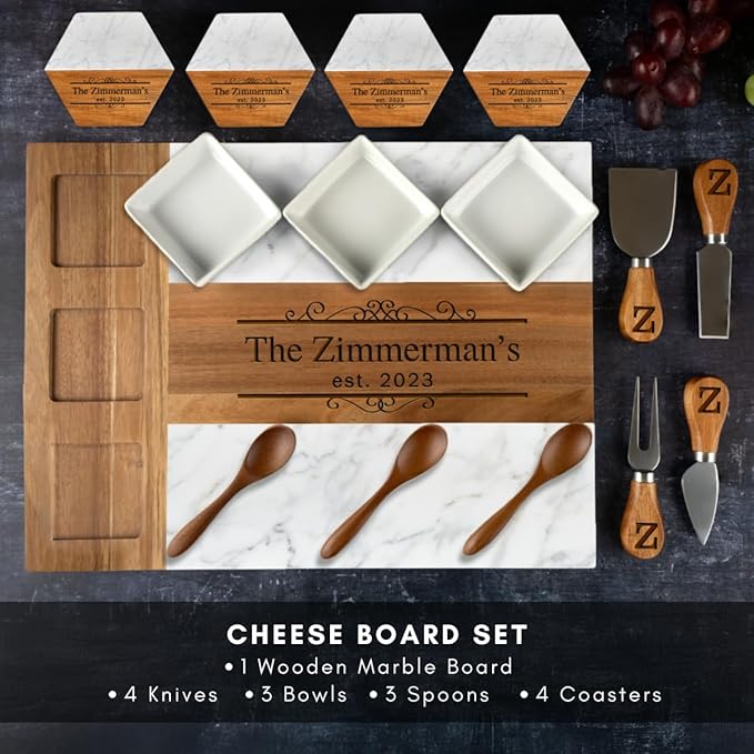Personalized Charcuterie Board Set, Custom Engraved Marble Cheese Board with Knife Set, Wedding Gift for Couples, Monogrammed Bridal Shower & Housewarming Gift