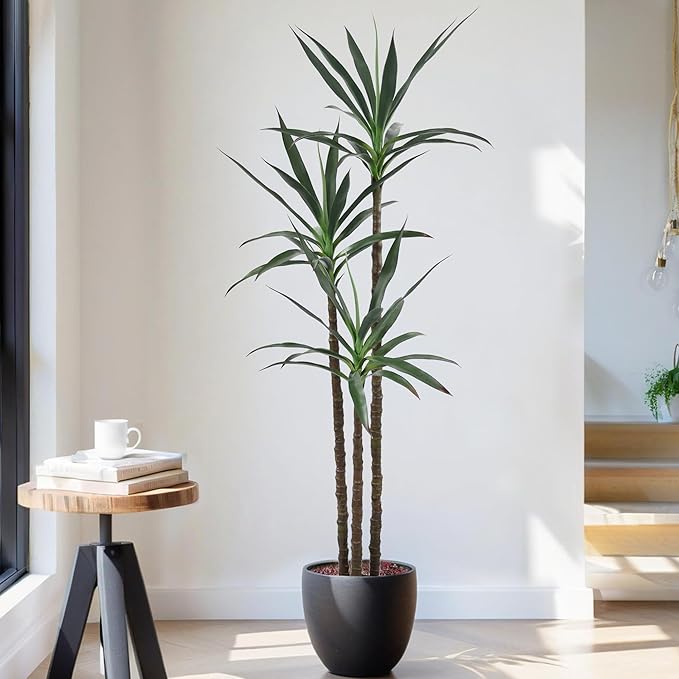 Artificial Tree 6ft Faux Agave Plant with 45 Leaves and 3 Realistic Trunks,Fake Floor Potted Artificial Tall Plants for Home Office Garden Decor Indoor (6Feet,1Pack)