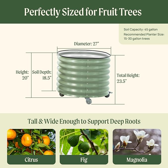 Rolling Metal Citrus Tree Planter Pot, 27″ Round Planter Box for Porch Patio & Backyard, 45 Gallon Large Planter Pot with Wheels for Growing Trees Tomatoes Vegetables and Flowers, Pearl White