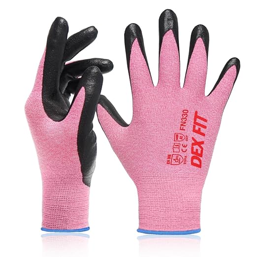 DEX FIT Nitrile Work Gloves FN330, 3D-Comfort Stretchy Fit, Firm Grip, Thin & Lightweight, Touch-Screen Compatible, Durable, Breathable & Cool, Machine Washable; Pink L (9)