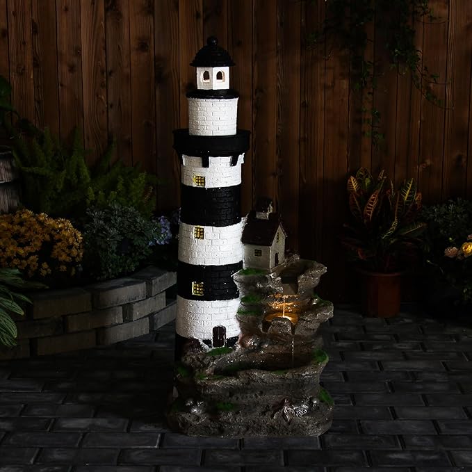 YZM Outdoor Lighthouse Waterfall Fountain 38.58" Tall 3-Tiered Rock Water Feature with LED Lights for Patio, Backyard, or Garden Décor