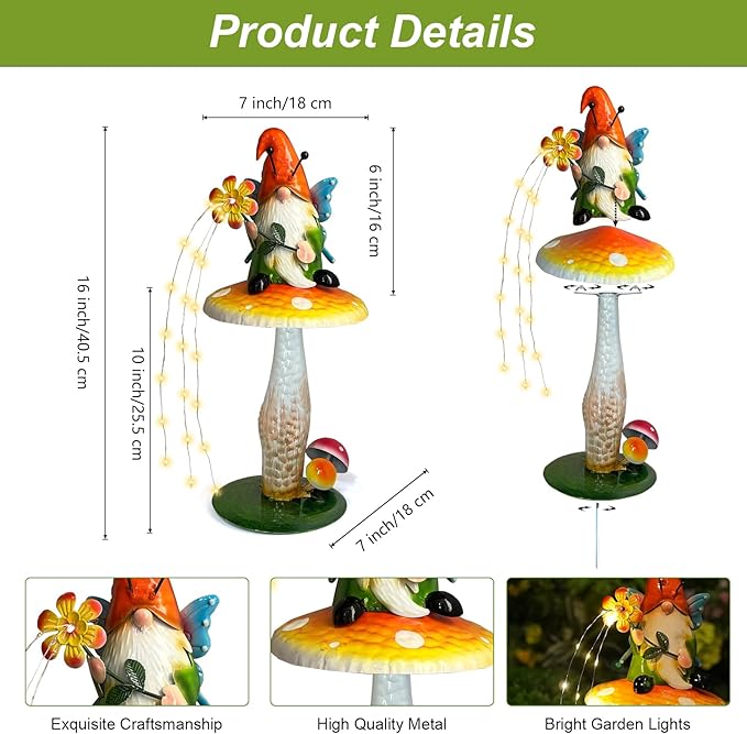 Solar Garden Gnome Figurine, Waterproof Outdoor Mushroom Decor with Solar Outdoor Lights for Yard, Patio, Lawn Ornaments, Ideal Gifts for Mom Grandma Women, Housewarming Gifts-16.5"