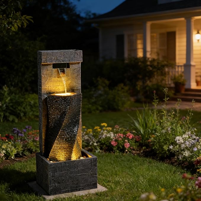 39.8’’ Tall Modern Spiral Waterfall Fountain Outdoor/Indoor Water Fountain Resin Stone-Like Water Feature with LED Lights for Outside, Garden, Patio, Porch, Deck, Backyard, Home Decor