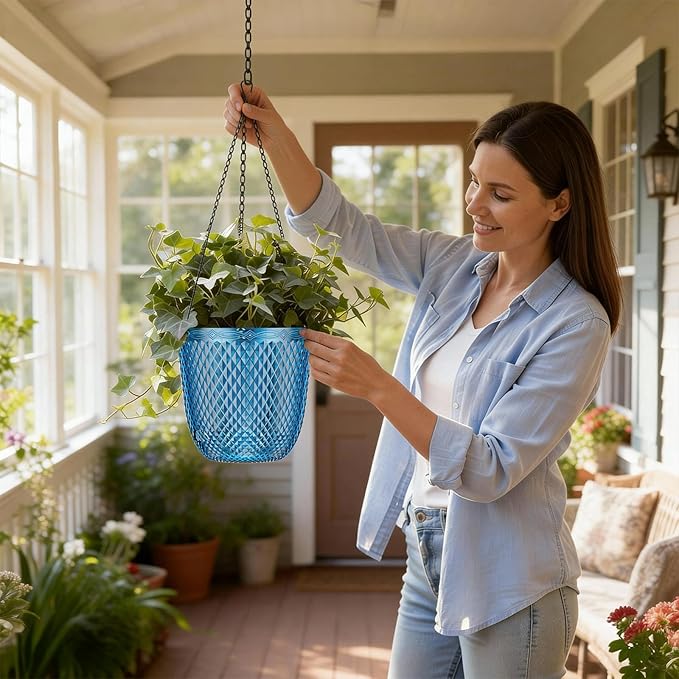QCQHDU Self Watering Hanging Pots, 2 Pack 7.2 Inch Hanging Planters for Plants Indoor, Outdoor Flower Pots with Drainage Holes and 3 Hooks Chains for Garden Home (Klein Blue)