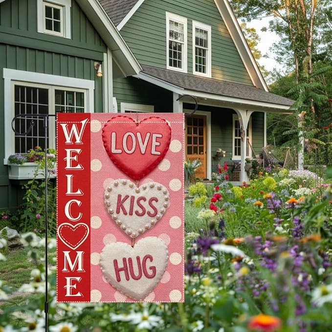 Welcome Love Kiss Hug Garden Flag Valentines Day Garden Flags 12x18 Inch Double Sided Small Burlap Valentine’s Day Seasonal Decor for Outdoor Yard Patio Porch