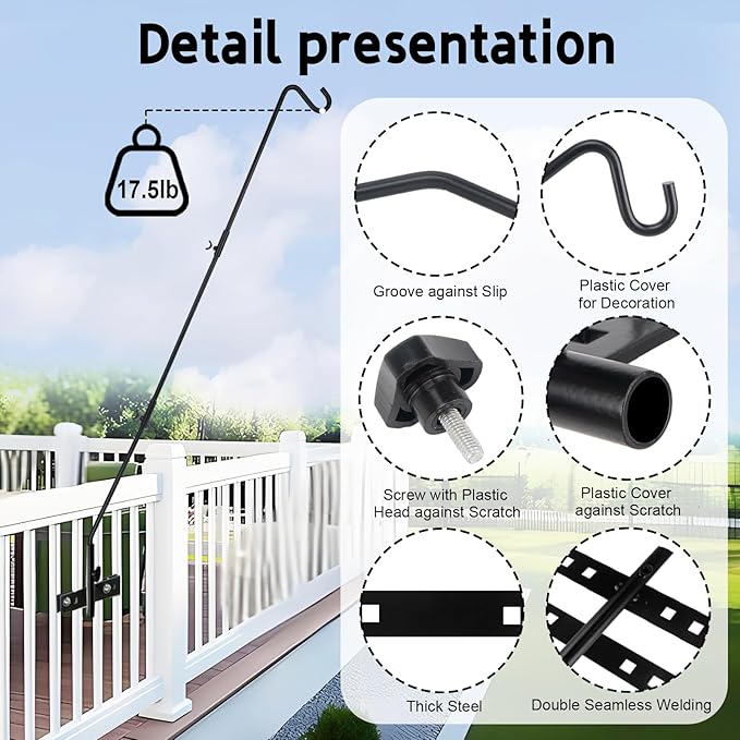 GDHSWJ 2 Pack Deck Hooks for Hanging Bird Feeders, 43" Adjustable Bird Feeder Hanger for Railing, 360° Swivel Clamp-On Plant Hook for Balcony, Porch, Lanterns, Wind Chimes