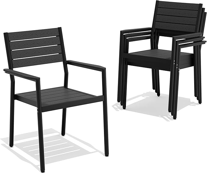 Pellebant Stackable Outdoor Dining Chairs Set of 4, Aluminum Patio Chairs with Arms, All-Weather for Garden, Lawn, Deck, Porch and Yard, Black