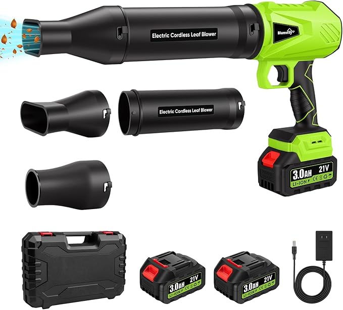 Blumway Leaf Blower Cordless with Battery, 21V Handheld Leaf Blower with 3 Extended Nozzles, Electric Leaf Blowers with 2 Pcs 3.0Ah Batteries, Portable Leaf Blowers for Lawn Care, Leaves,Dust, Car