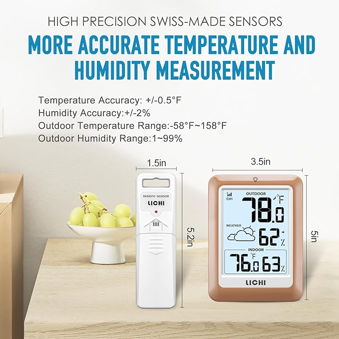 Indoor Outdoor Thermometer Wireless Weather Station, Internal External Thermometer Hygrometer, Home Batteryoperated Temperature Humiditymonitors330 Feet (About 100 Meters) Backlight Display