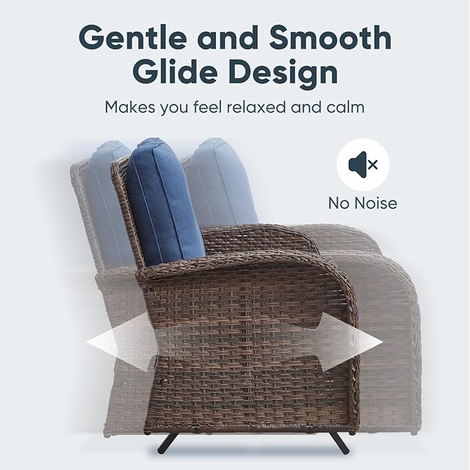 Belord 6 Pieces Outdoor Patio Furniture Set with Wicker Rocking Chairs, Rattan Patio Conversation Set with Glider Loveseat Ottomans and Side Table Brown/Blue
