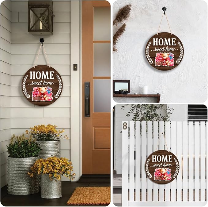 Interchangeable Welcome Sign Valentine's Day Front Porch Decor, Rustic Round Wood Wreath Door Decoration, Home Sweet Home Sign for Spring Summer Fall Winter All Seasons Holiday, Dark Brown