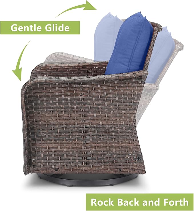 Rilyson Outdoor Patio Swivel Rocker Chairs - 6 PC Wicker Patio Bistro Sets with High Back,Comfy Cushions, Deep Seating and Side Table for Porch Deck Backyard Garden(Brown/Blue)