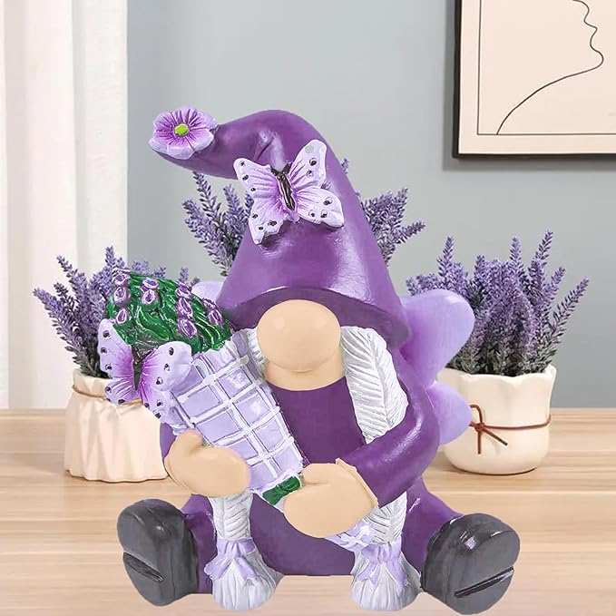 Lavender Gnomes Figurines Decor, Resin Garden Gnome Decorations for Home Indoor Outdoor Purple Spring Fall Decoration Farmhouse Butterfly Figurine for Thankgiving Day